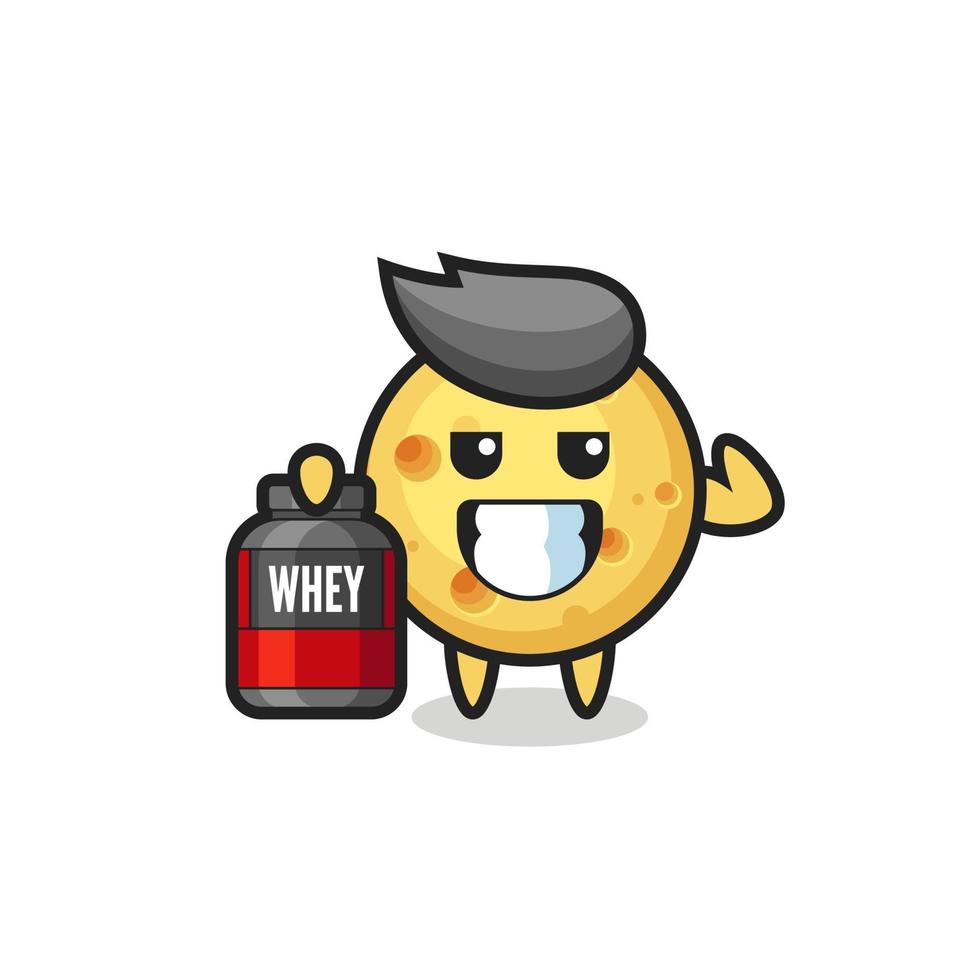 the muscular round cheese character is holding a protein supplement vector