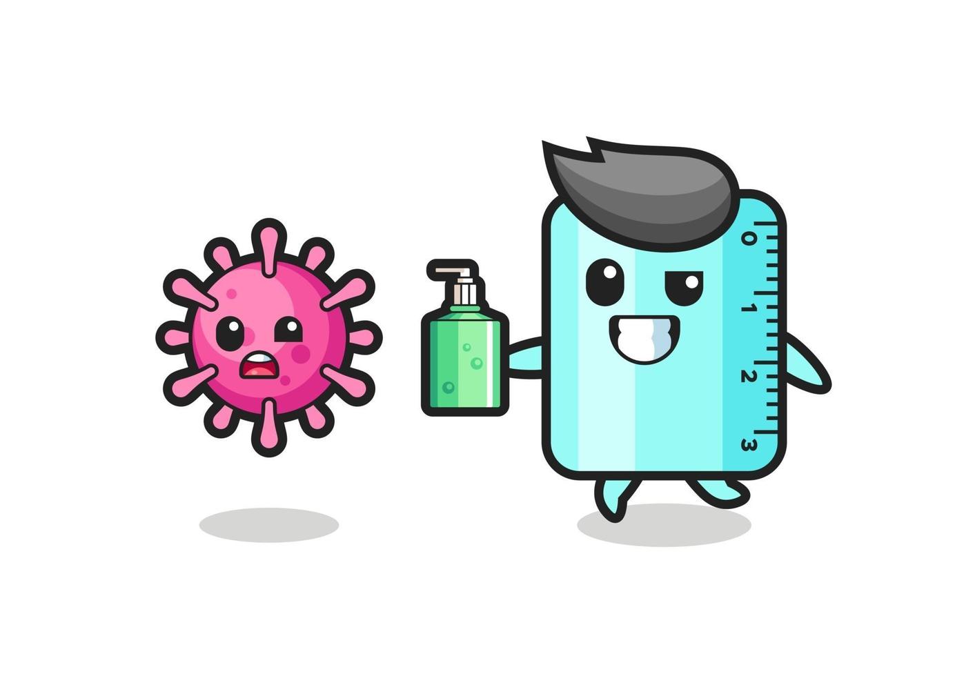 illustration of ruler character chasing evil virus with hand sanitizer vector