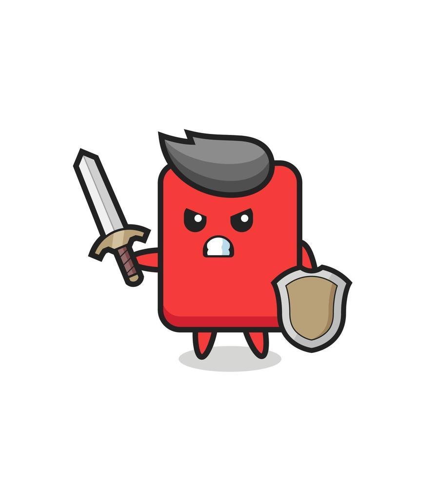 cute red card soldier fighting with sword and shield vector