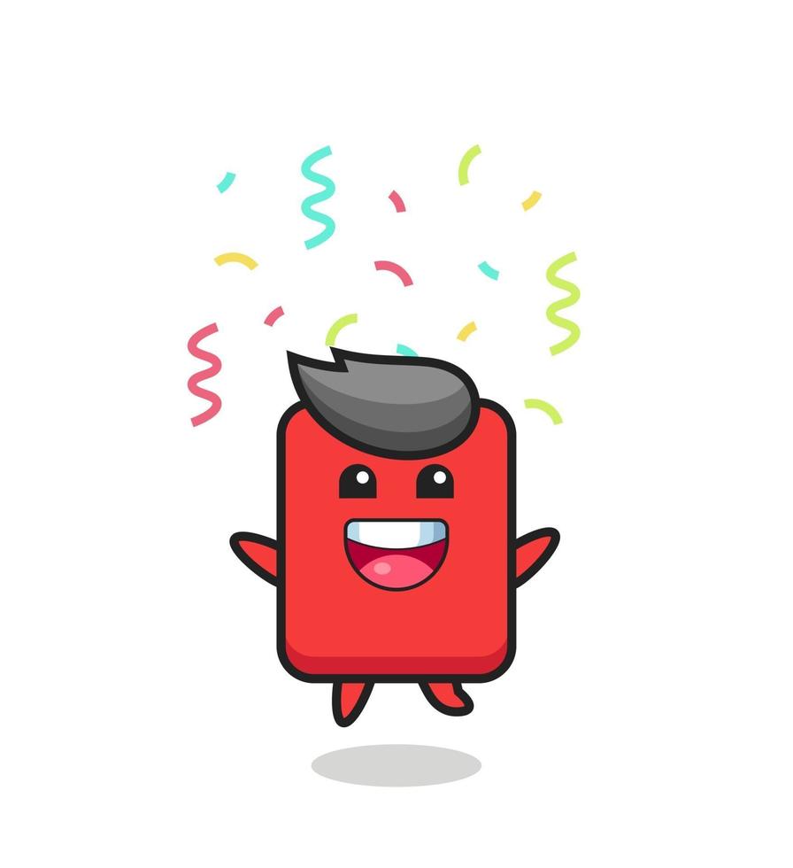 happy red card mascot jumping for congratulation with colour confetti vector