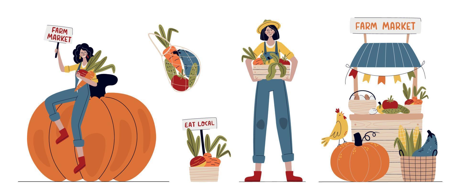 Set of farmer women with vegetables vector