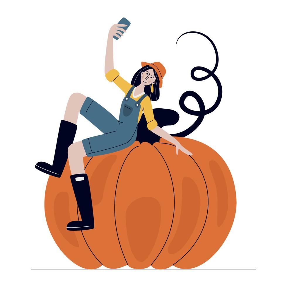 mujer campesina tomando selfie en teléfono móvil vector