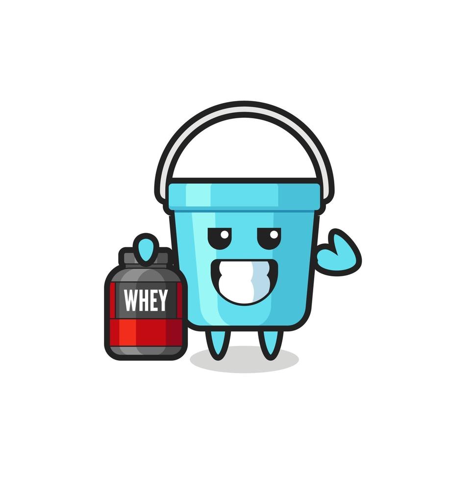 the muscular plastic bucket character is holding a protein supplement vector