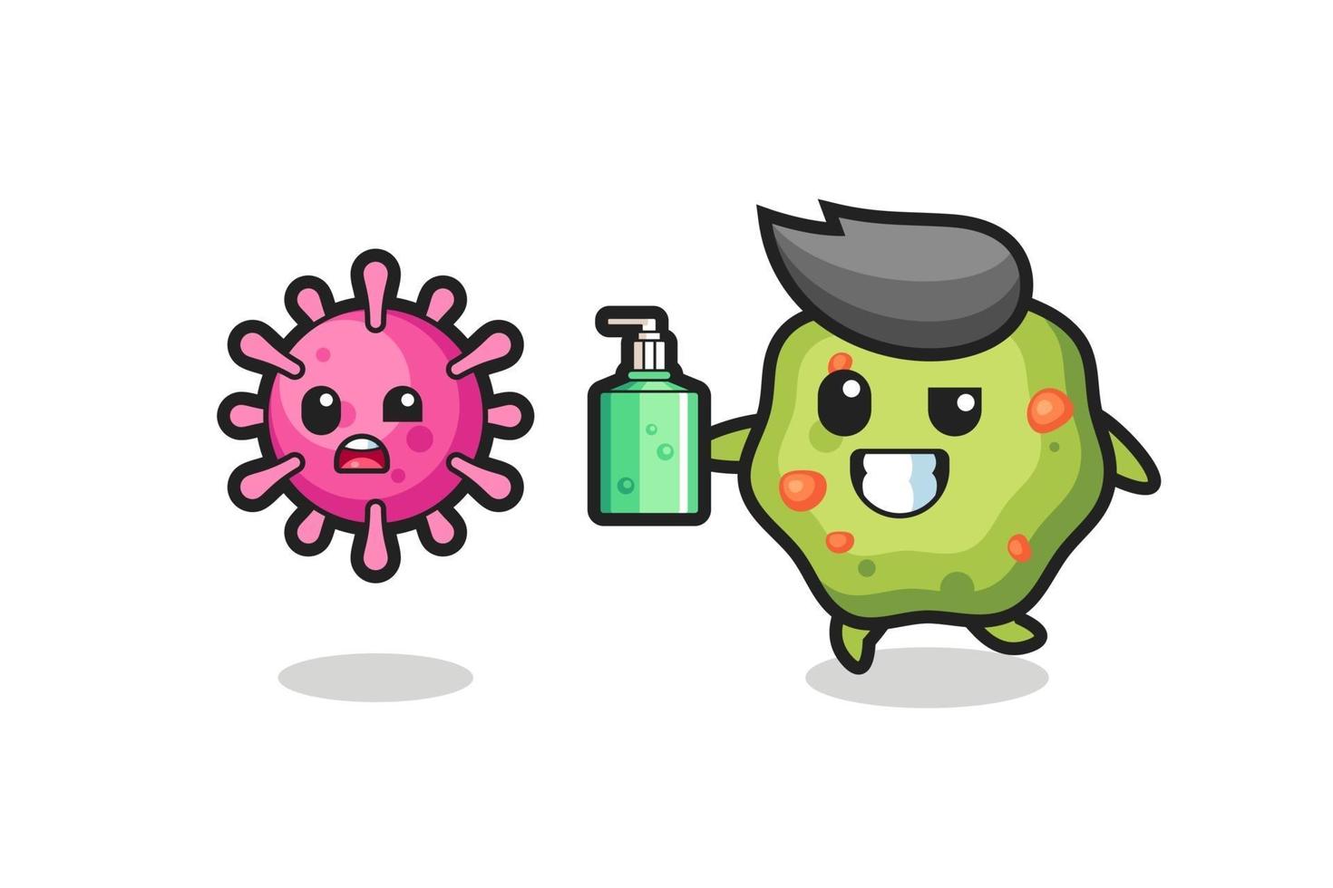 illustration of puke character chasing evil virus with hand sanitizer vector