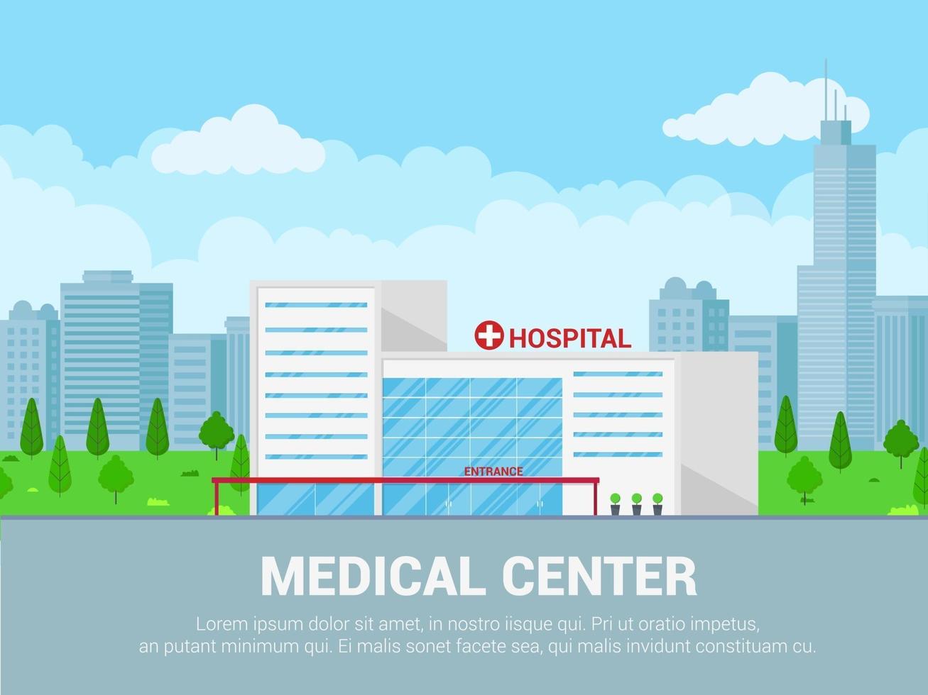 Hospital building text space, cloudy sky and trees behind. vector