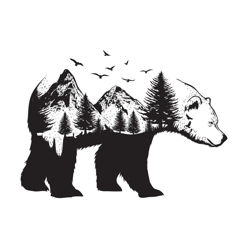 Ilustración de un oso con fondo de bosque vector