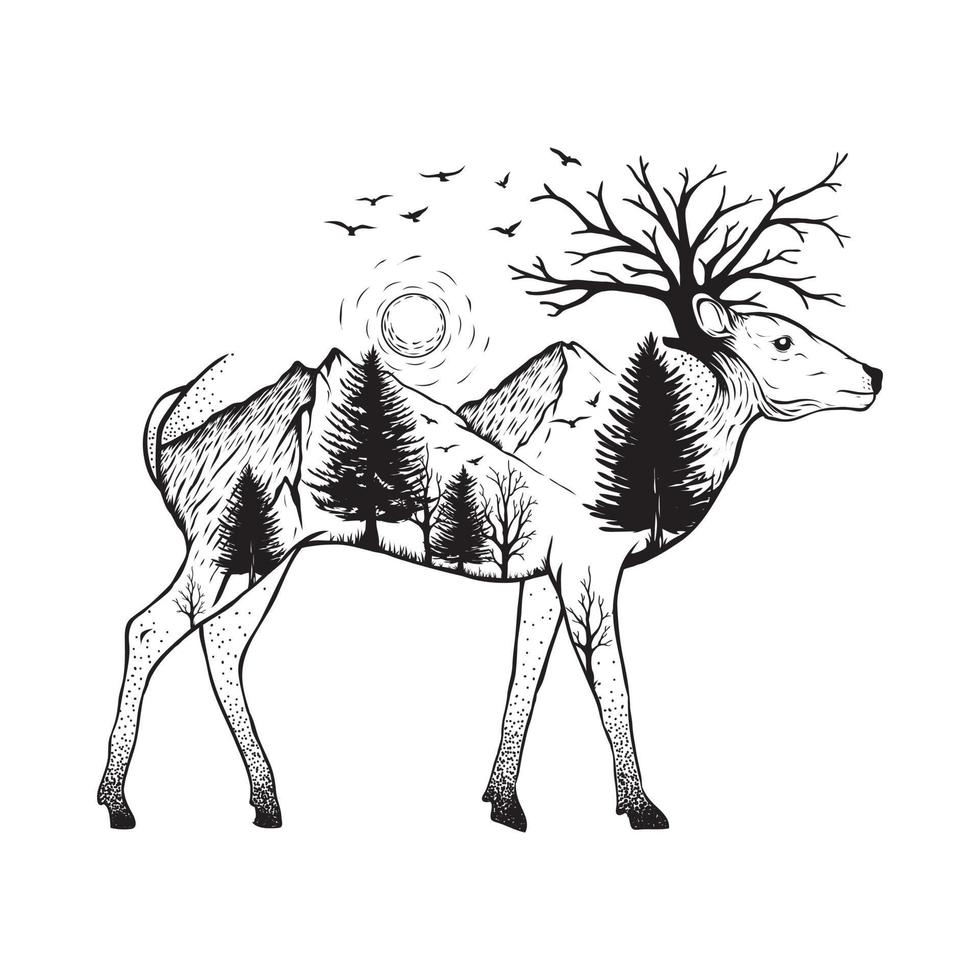 Ilustración de un ciervo con fondo de bosque vector