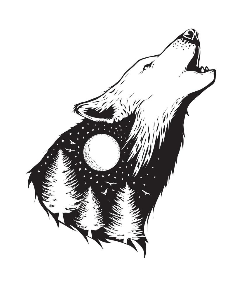 negative space of a wolf with forest background vector