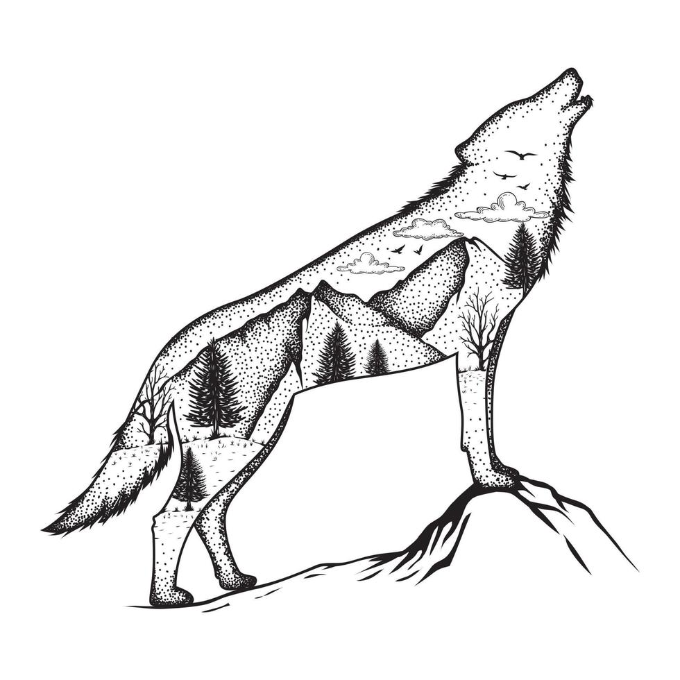 Ilustración de un lobo con fondo de bosque vector