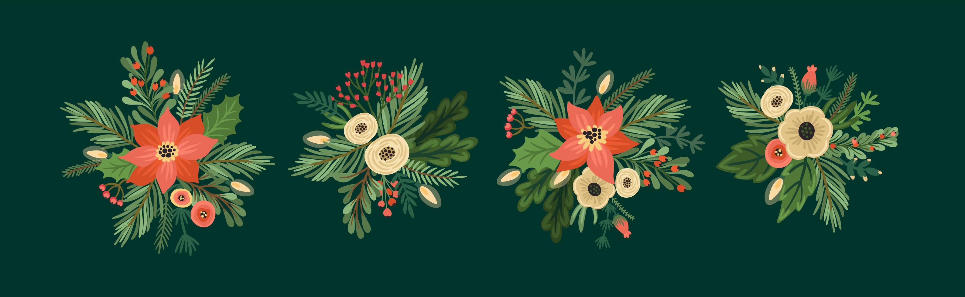 conjunto de arreglos florales navideños y feliz año nuevo. vector