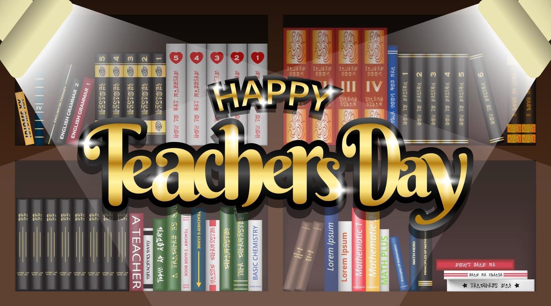 Happy teachers day background with gold text at library vector