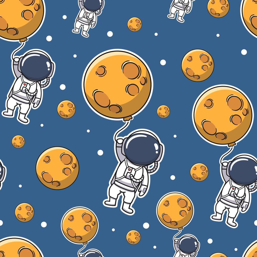 Cute Astronaut Holding Moon Balloon In The Space Seamless Pattern vector