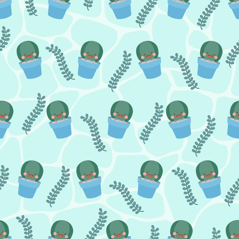 Cute Round Cactus In Pot Seamless Pattern vector