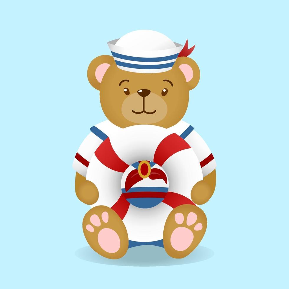 Cute Teddy Bear Wearing Sailor Uniform Costume Holding Lifebuoy vector