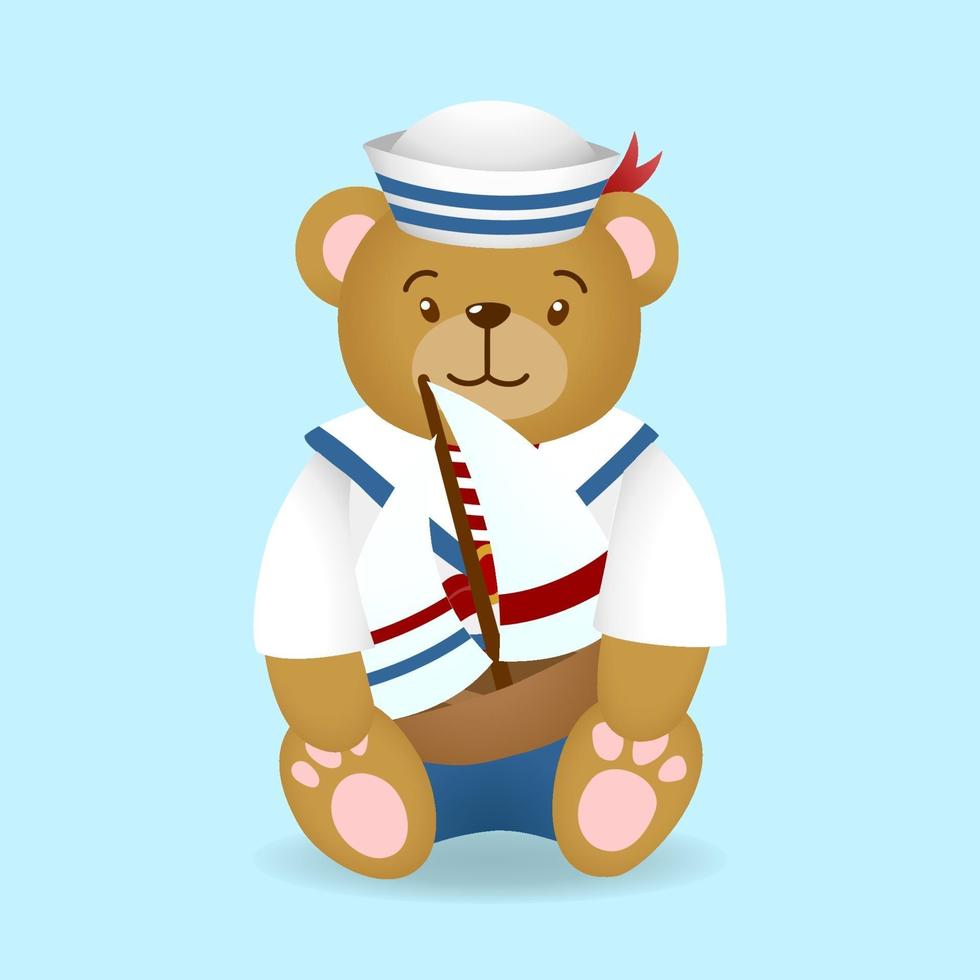 lindo oso de peluche con traje de uniforme de marinero sosteniendo un velero vector