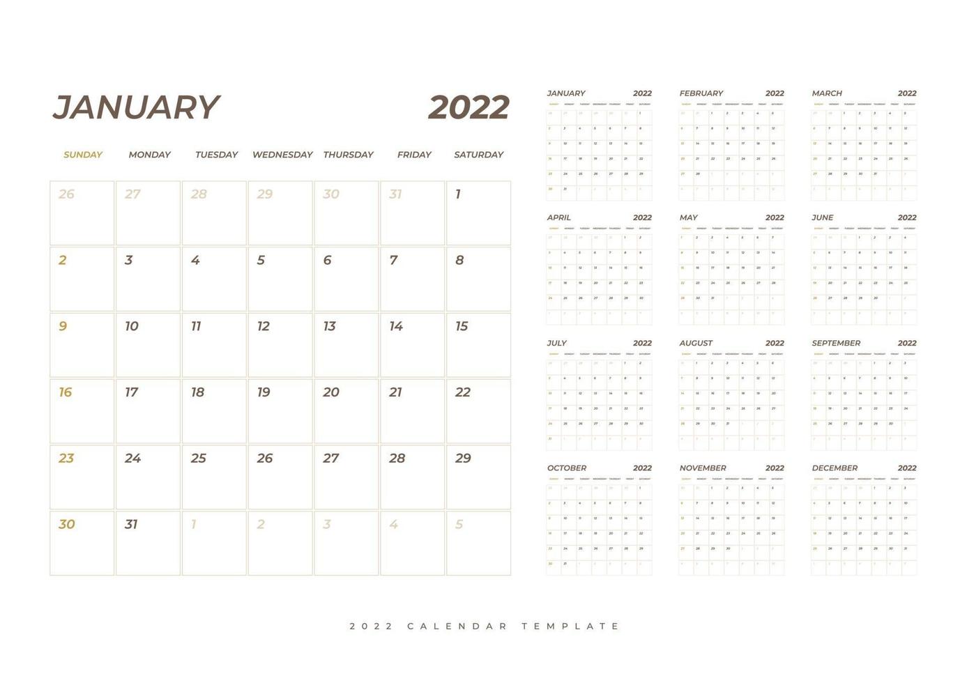 Calendar 2022, 12 month in clean minimal table simple style. vector