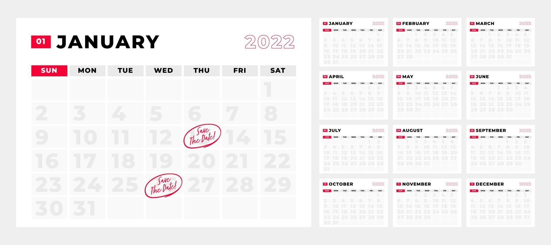 Calendar 2022, 12 month in clean minimal table simple style. vector