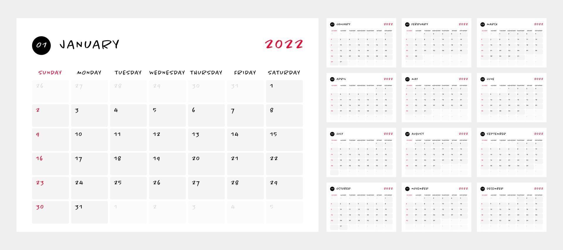 Calendar 2022, 12 month in clean minimal table simple style. vector