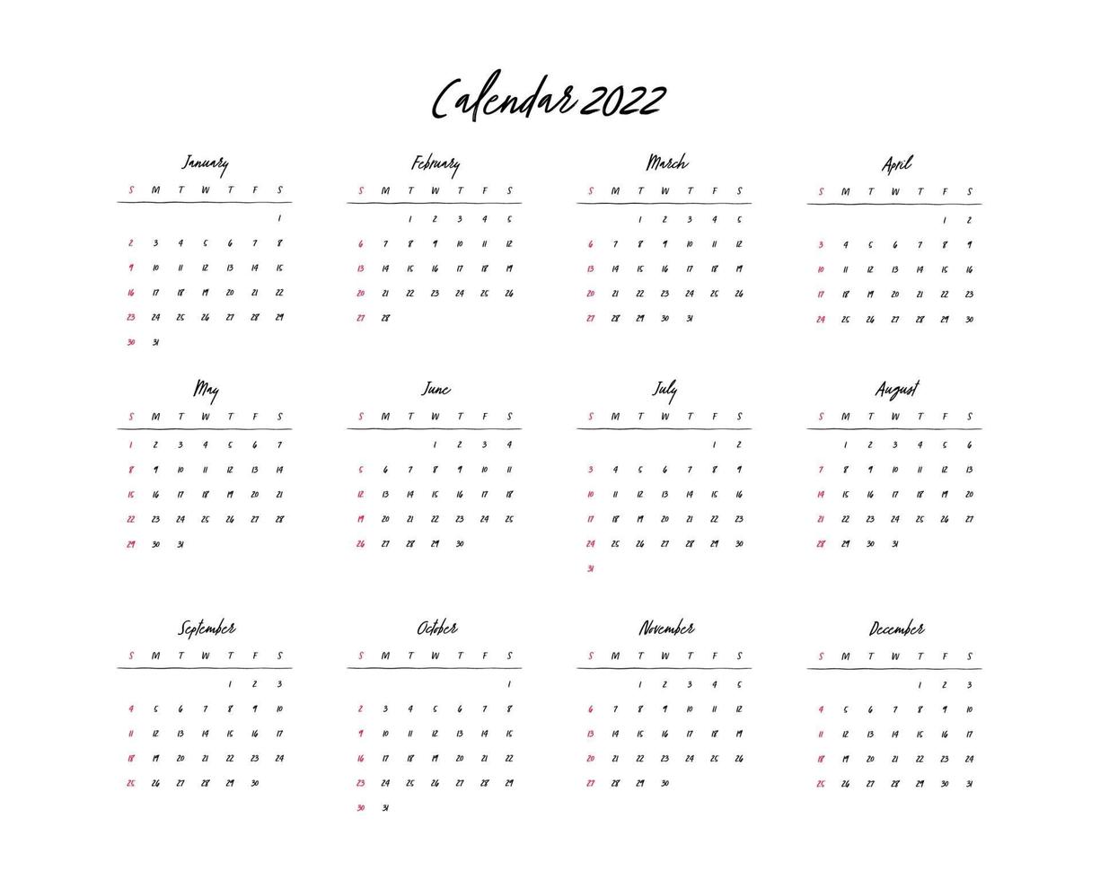 Calendar 2022, 12 Month In Clean Minimal Table Simple Style. 3450402 Vector Art At Vecteezy