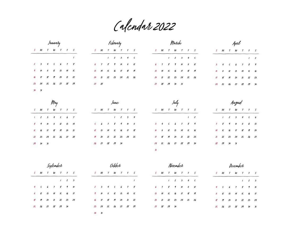 Calendar 2022, 12 month in clean minimal table simple style. vector