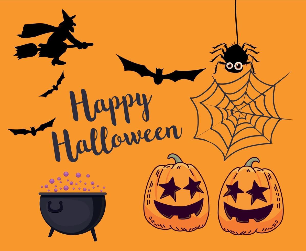 calabaza halloween día 31 de octubre diseño con murciélago araña fantasma negro vector
