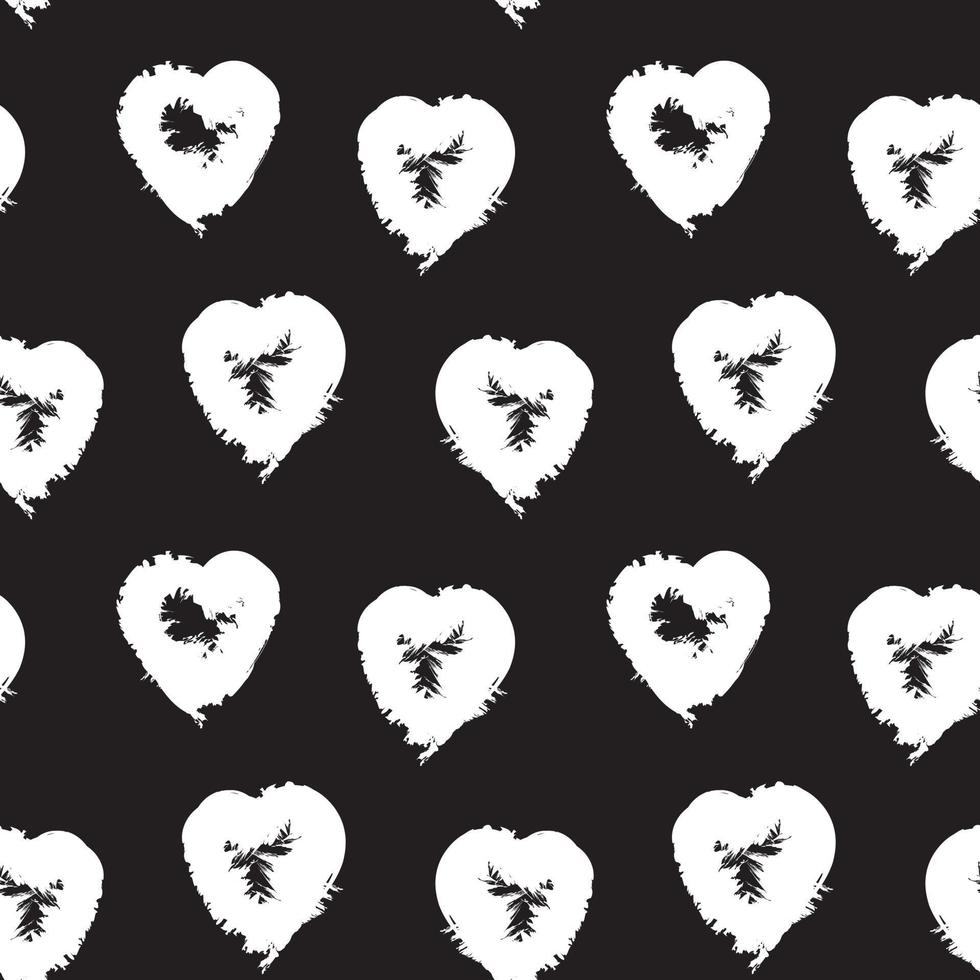 Black and White Heart shaped brush stroke seamless pattern background vector