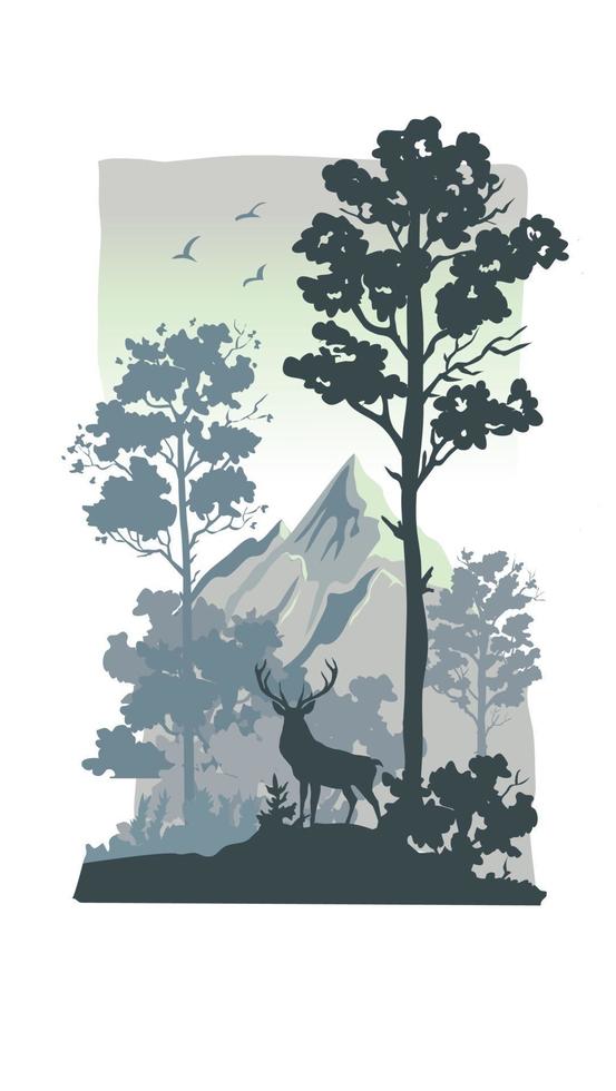 wildlife elk in forest with mountain landscape vector illustration