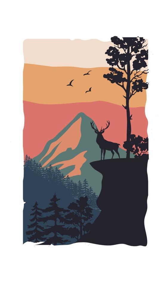 wildlife elk in forest with mountain landscape vector illustration