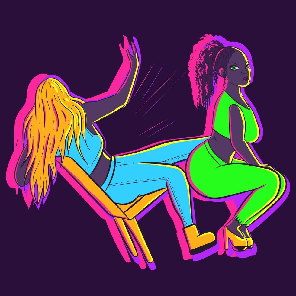 Neon illustration of a woman bending over and kicking another girl vector