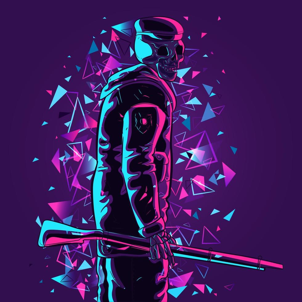 Neon illustration of a soldier skeleton holding a riffle vector