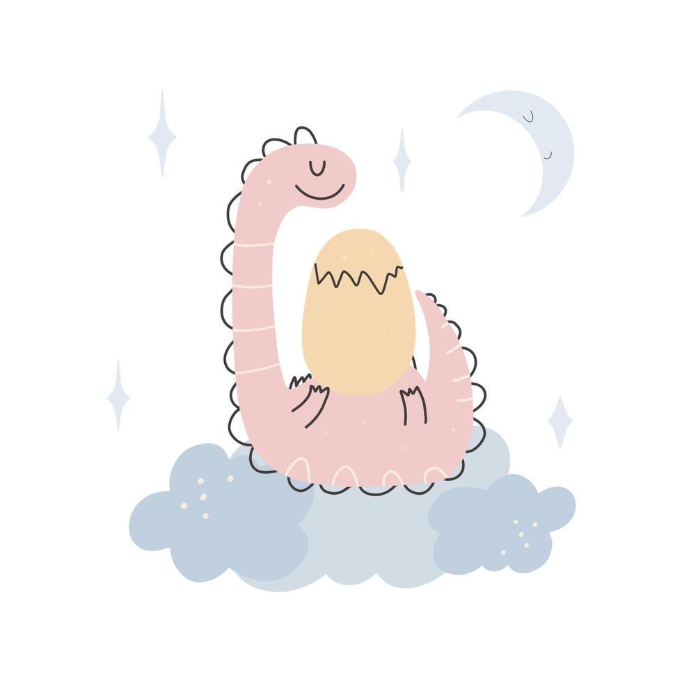 Cute sleeping pink dinosaur in the clouds. vector