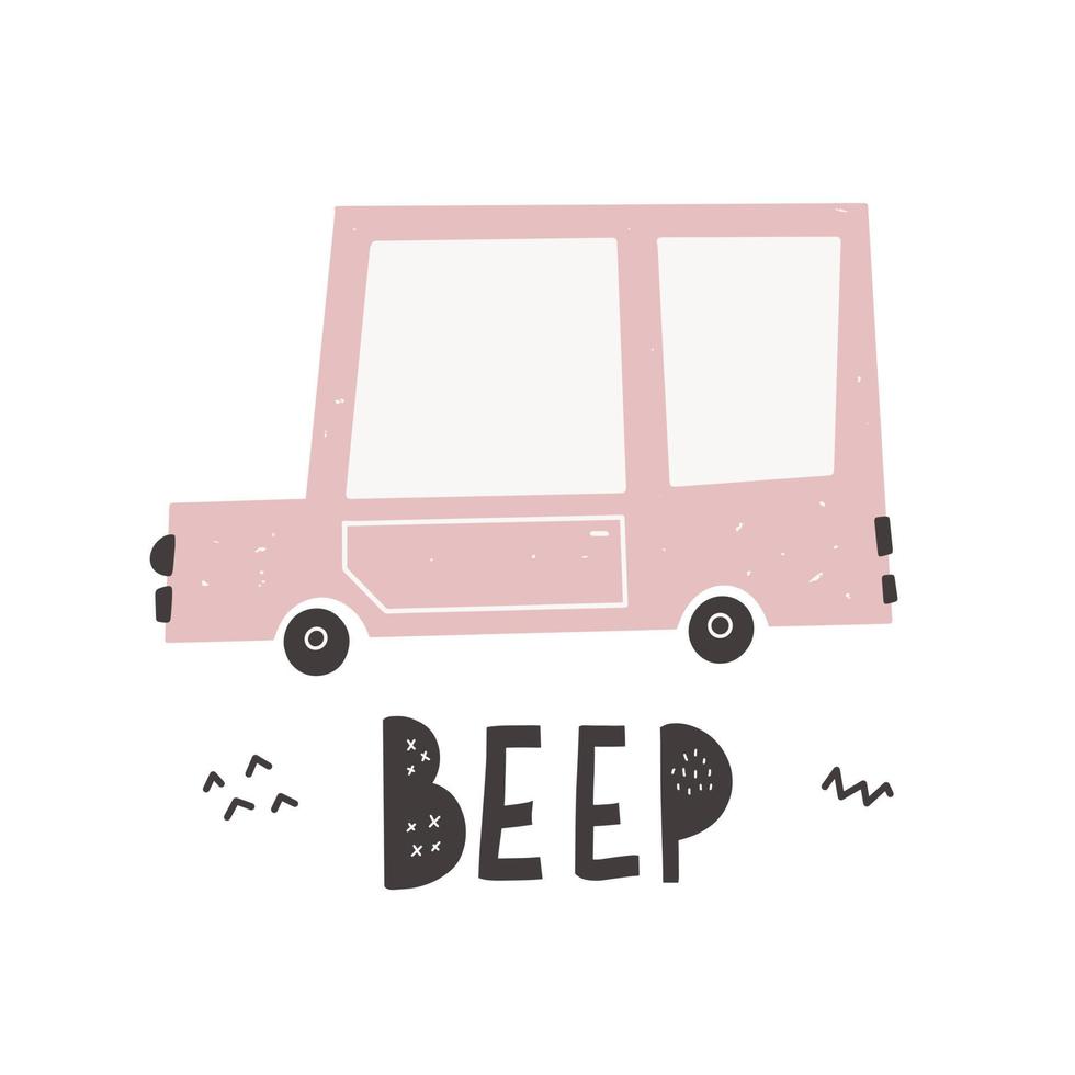 Cute car and lettering beep in Scandinavian style vector