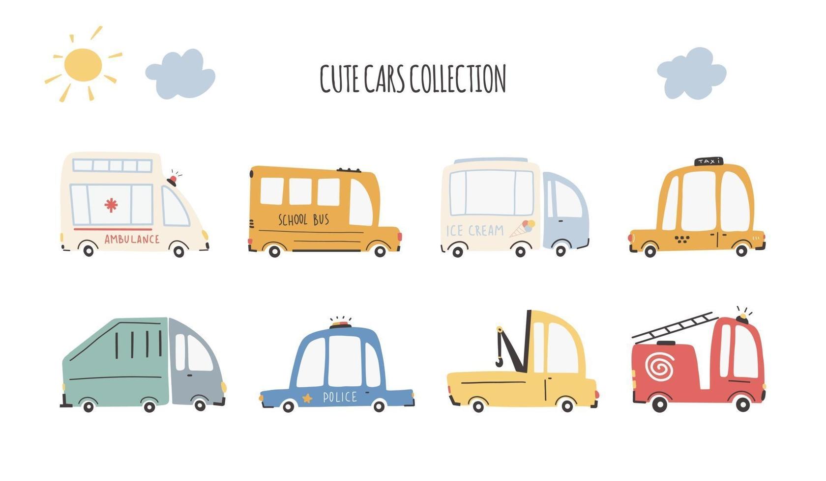 Cute cars collection. Cartoon funny transport. Vector cartoon