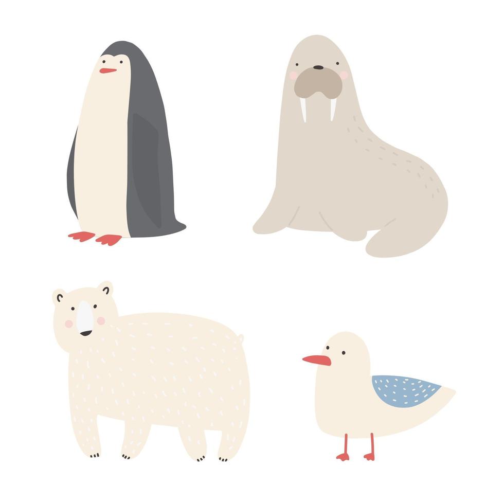 Ocean sea creatures and animals set walrus penguin polar bear seagull vector