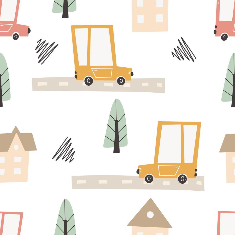 Cute city map with roads and transport. Vector seamless pattern.