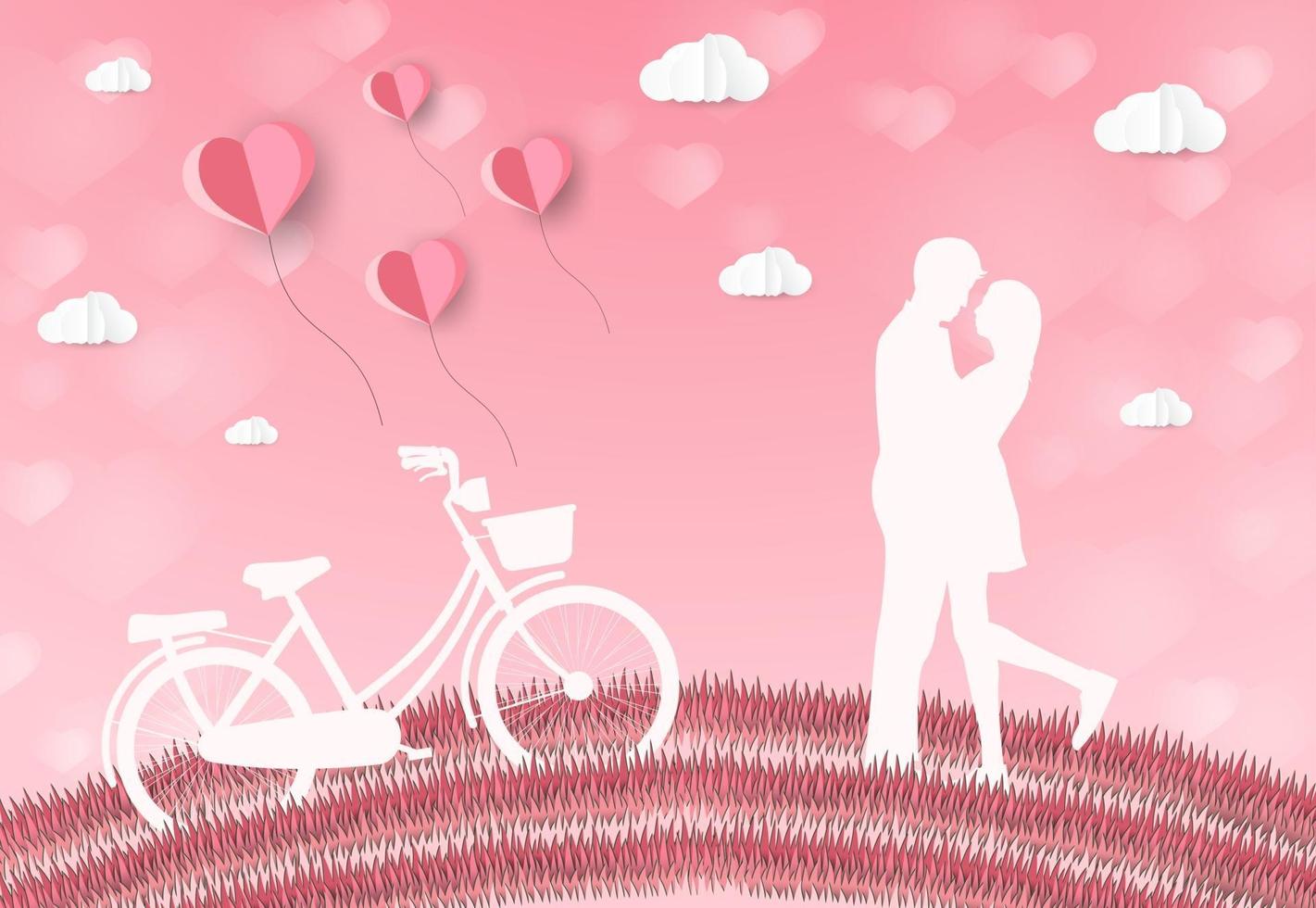 Love and Valentine day, Lovers stand in the meadows paper art heart vector