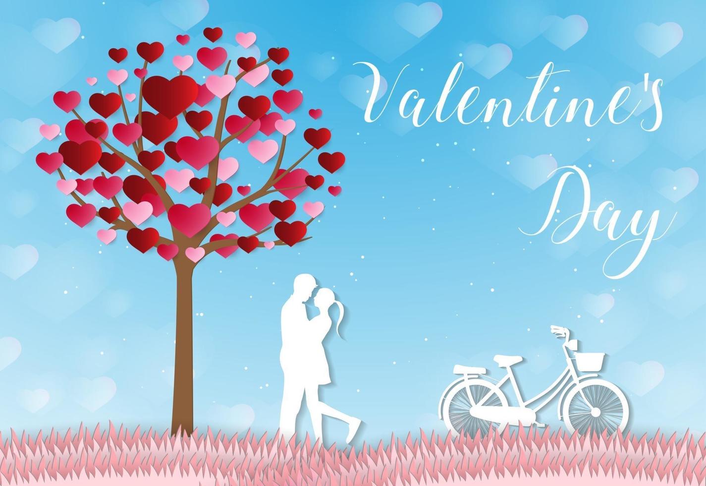 Love and Valentine day, Lovers stand, paper art heart vector