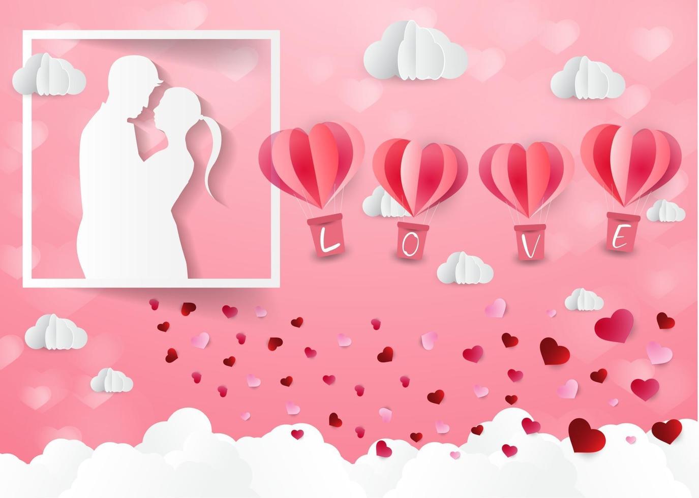 amor y día de san valentín, amantes, globo de corazón de arte de papel vector