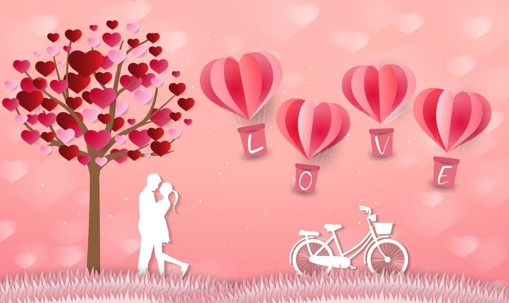 amor y día de san valentín, amantes, globo de corazón de arte de papel vector