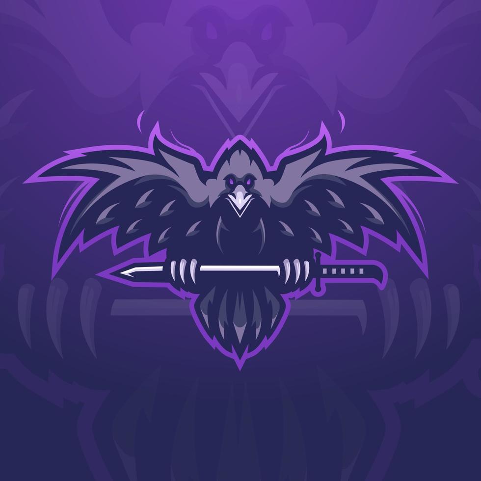Crow carry a sword gaming mascot logo design illustration vector