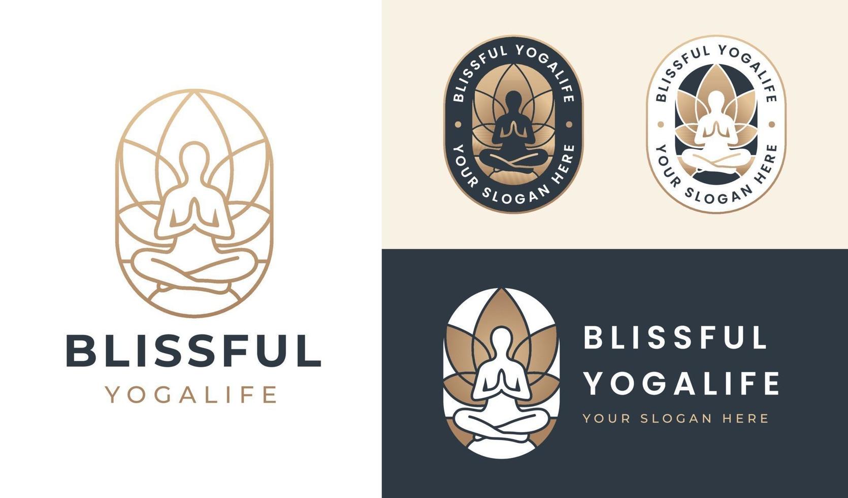 yoga pose silhouette logo blooming lotus flower background vector