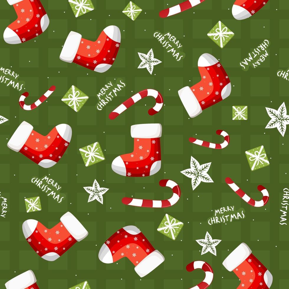 Seamless Christmas with candy cane, gift, poinsettia. vector