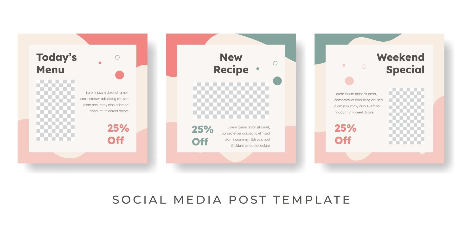 Colección de diseño de publicaciones culinarias en redes sociales con espacio para fotos. vector