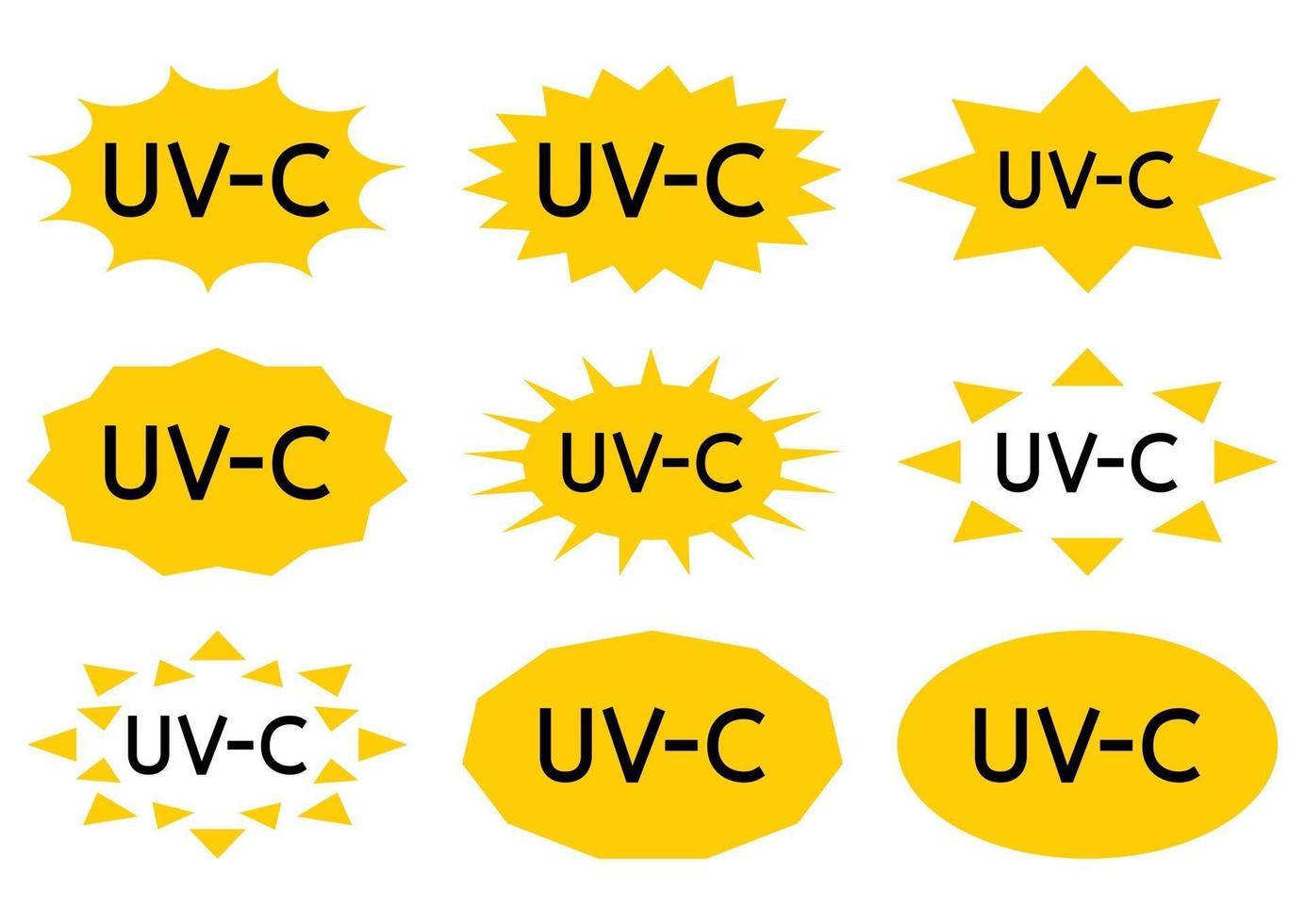 Sello de esterilización UV. señal de información del dispositivo de saneamiento. radiación ultravioleta, iconos solares ultravioleta. Saneamiento ligero antimicrobiano uvc. limpieza de superficies, procedimiento de descontaminación médica vector