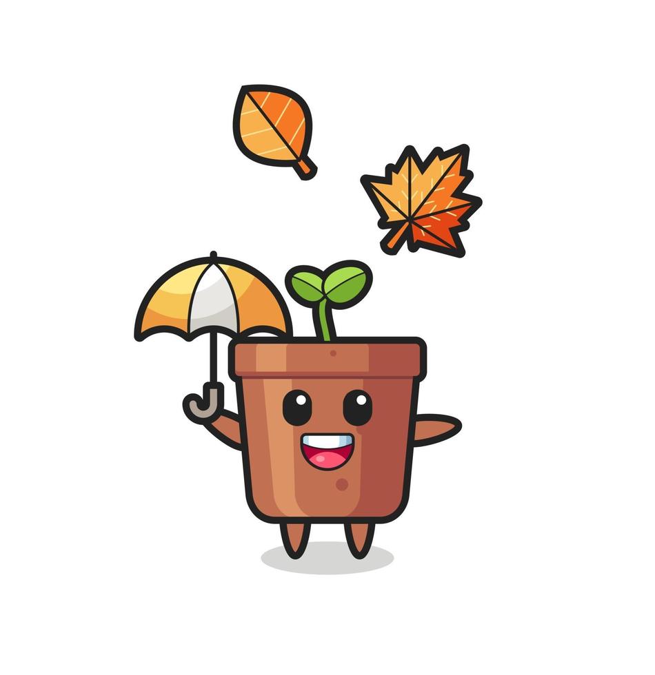 cartoon of the cute plant pot holding an umbrella in autumn vector