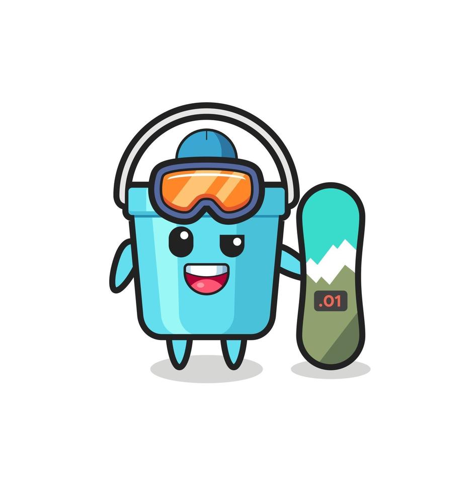 Ilustración de personaje de cubo de plástico con estilo de snowboard vector