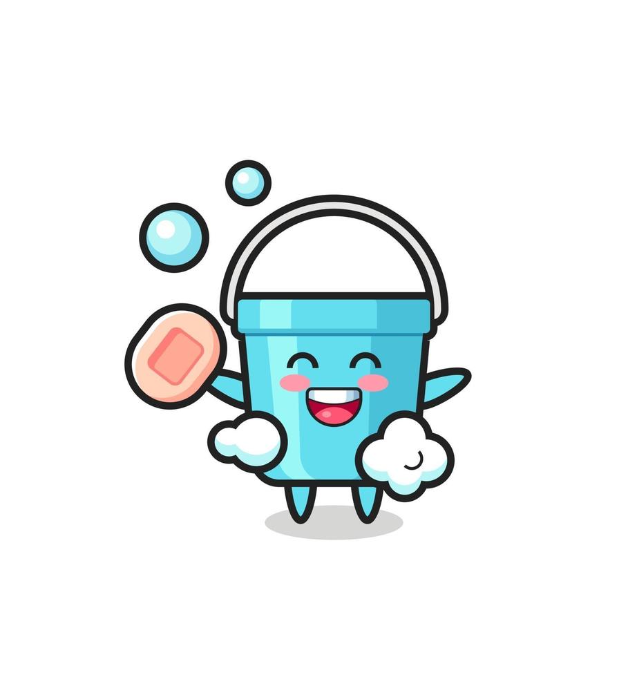 plastic bucket character is bathing while holding soap vector