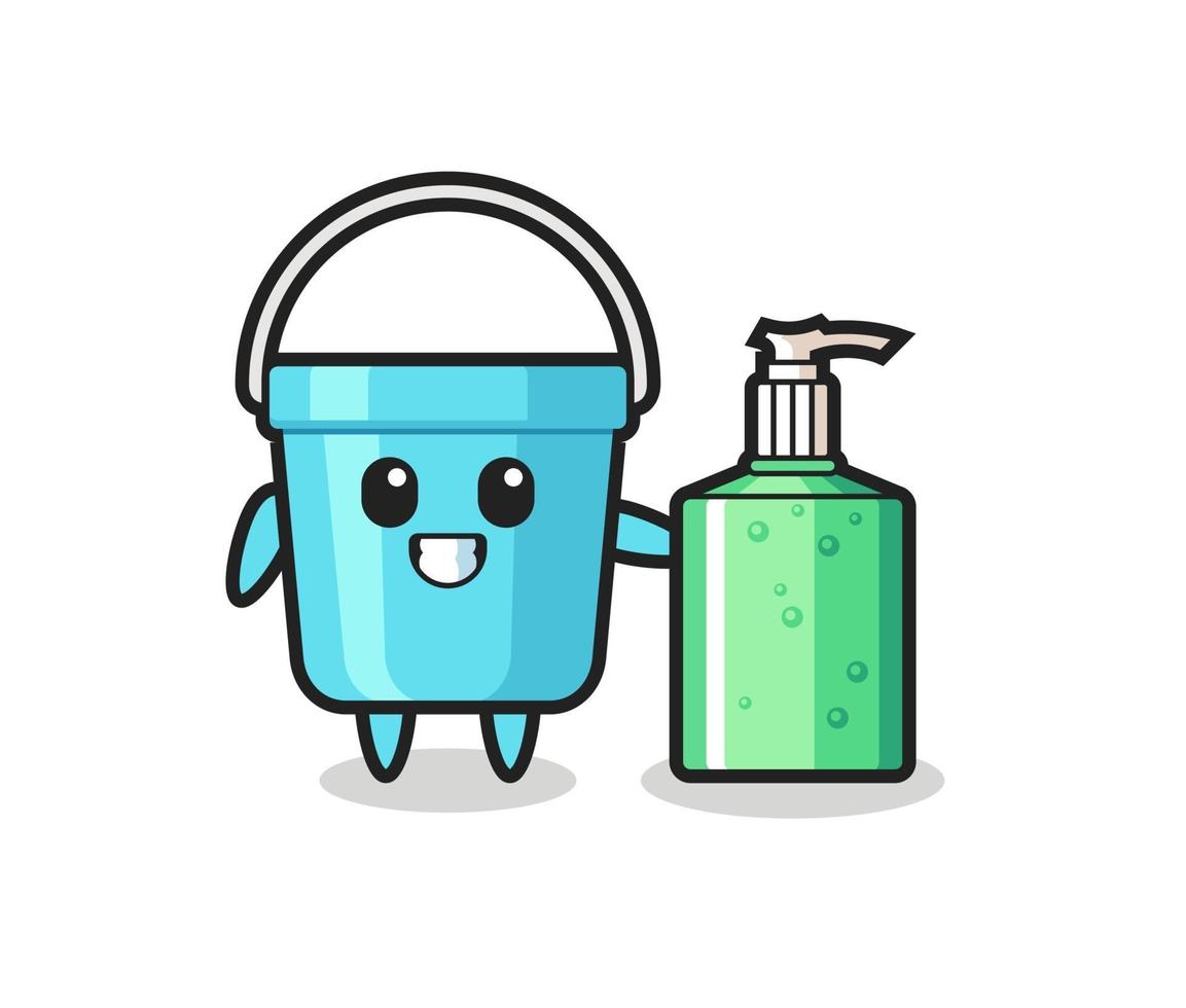 cute plastic bucket cartoon with hand sanitizer vector