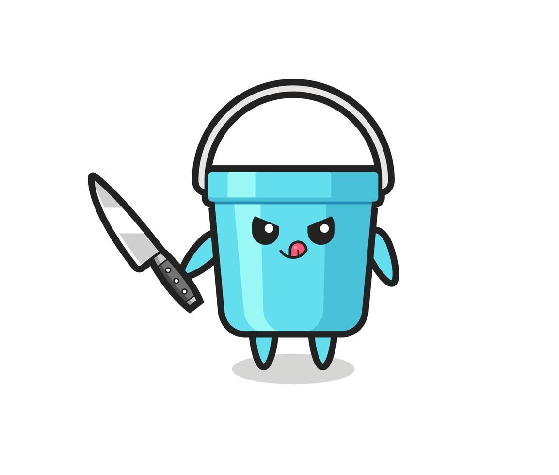 cute plastic bucket mascot as a psychopath holding a knife vector