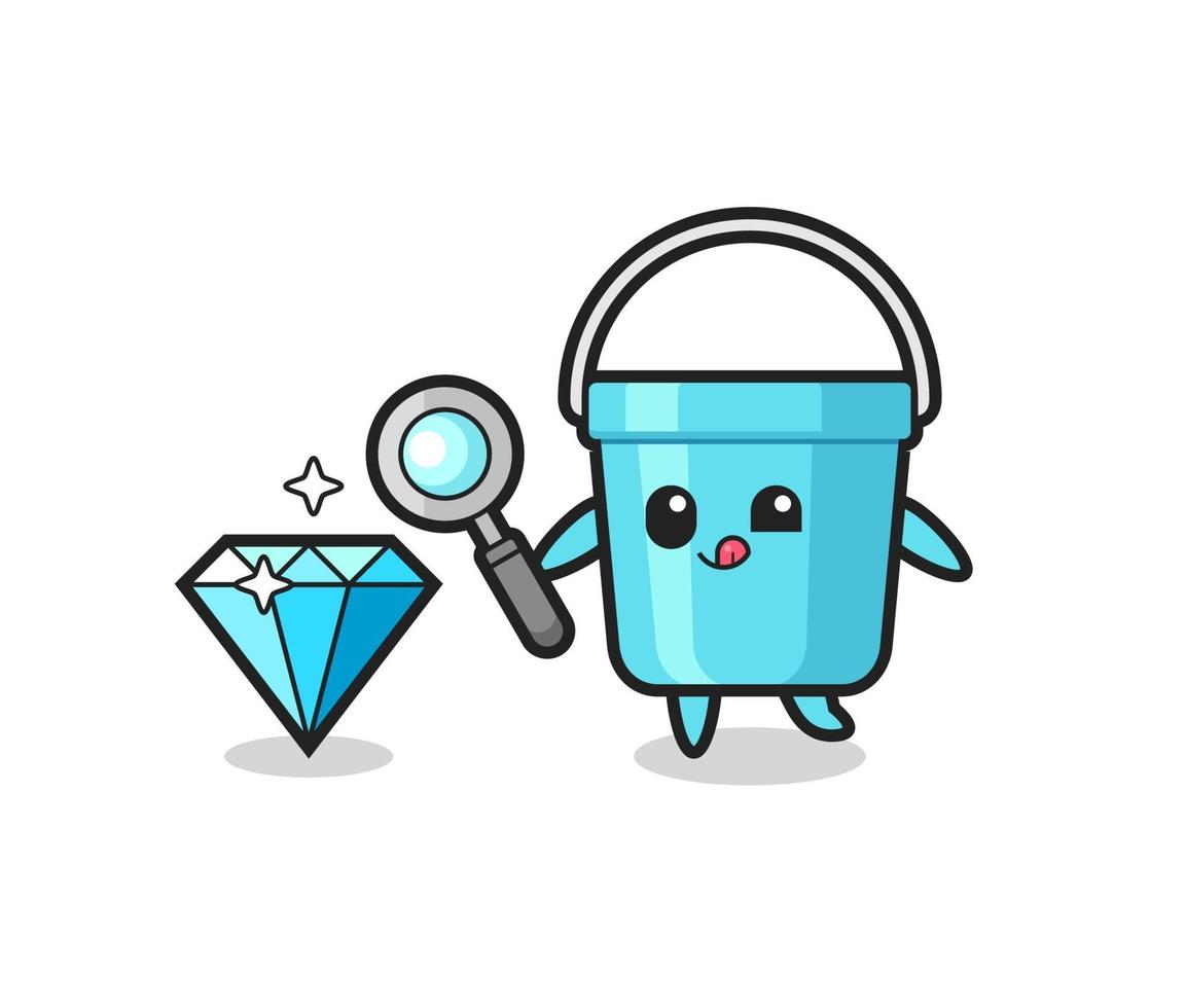 plastic bucket mascot is checking the authenticity of a diamond vector